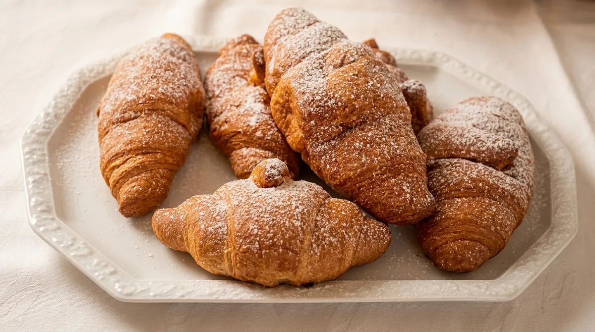 Brioches e cornetti fatti in casa spolverati di zucchero a velo