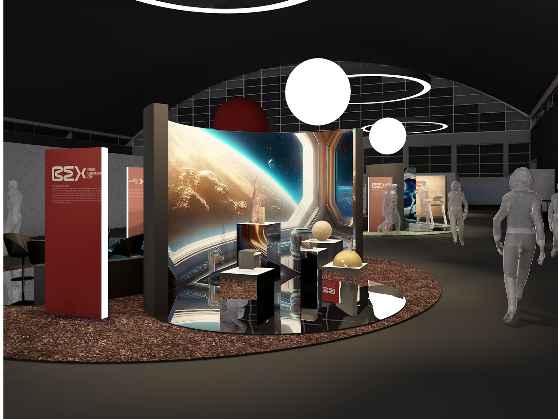 Render dello stand di BEX – Beyond Exploration Expo alla Fiera di Rimini