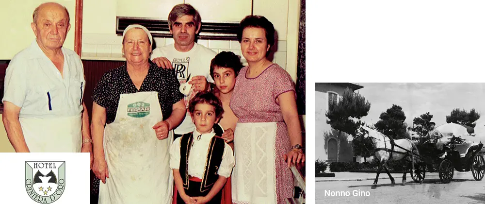 Famiglia Perazzini in cucina e nonno Gino col cavallo Nello, Viserba anni Settanta